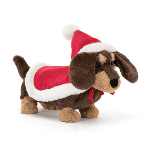 Jellycat Otto Brown Sausage dog with christmas hat and blanket on available at Toyworld