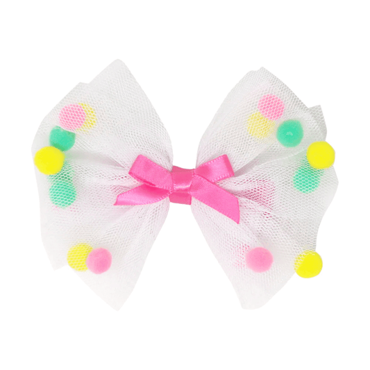 Mesh Bow with Pom Pom Hairclip - Pink Poppy