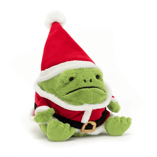 Jellycat Ricky rainfrog dressed up in a Santa outfit available at Toyworld