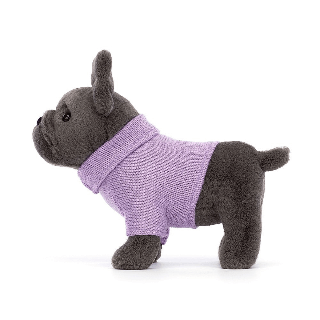 Jellycat frech bulldog with purple sweaer at toyworld lismore side view