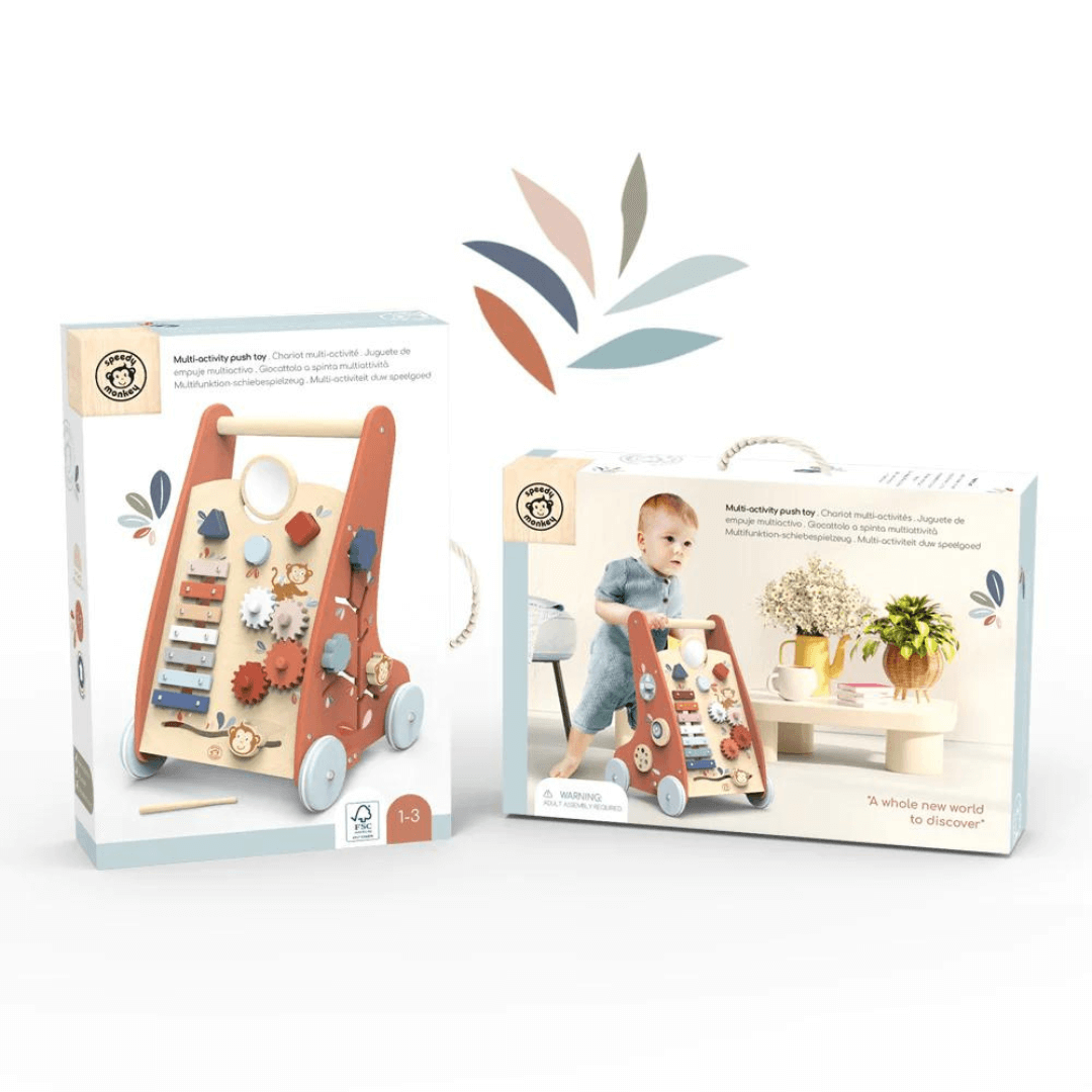 Speedy Monkey Wooden Multi Activity Walker with music playing, cogs, knobs and buttons packaging