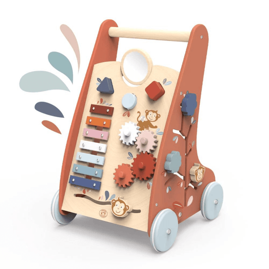 Speedy Monkey Wooden Multi Activity Walker with music playing, cogs, knobs and buttons