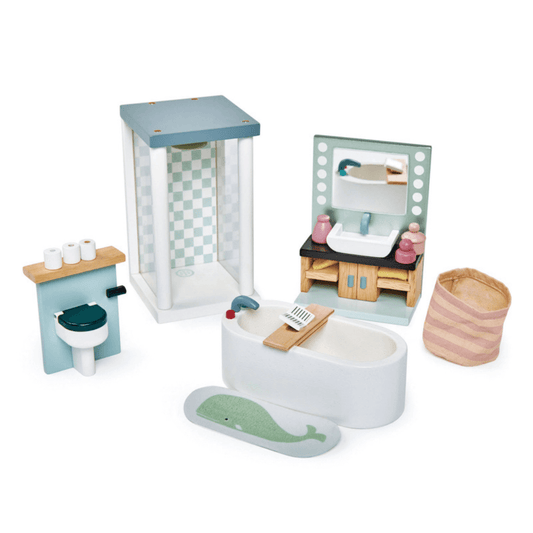 Tender Leaf wooden doll house furniture bathroom set shower, toilet, cabinet, bath, laundry basket and mat at toyworld lismore