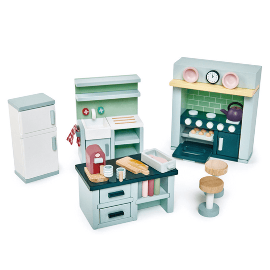 tender leaf wooden doll house furniture set kitchen fridge, sink, stove and bench with accessories at toyworld lismore