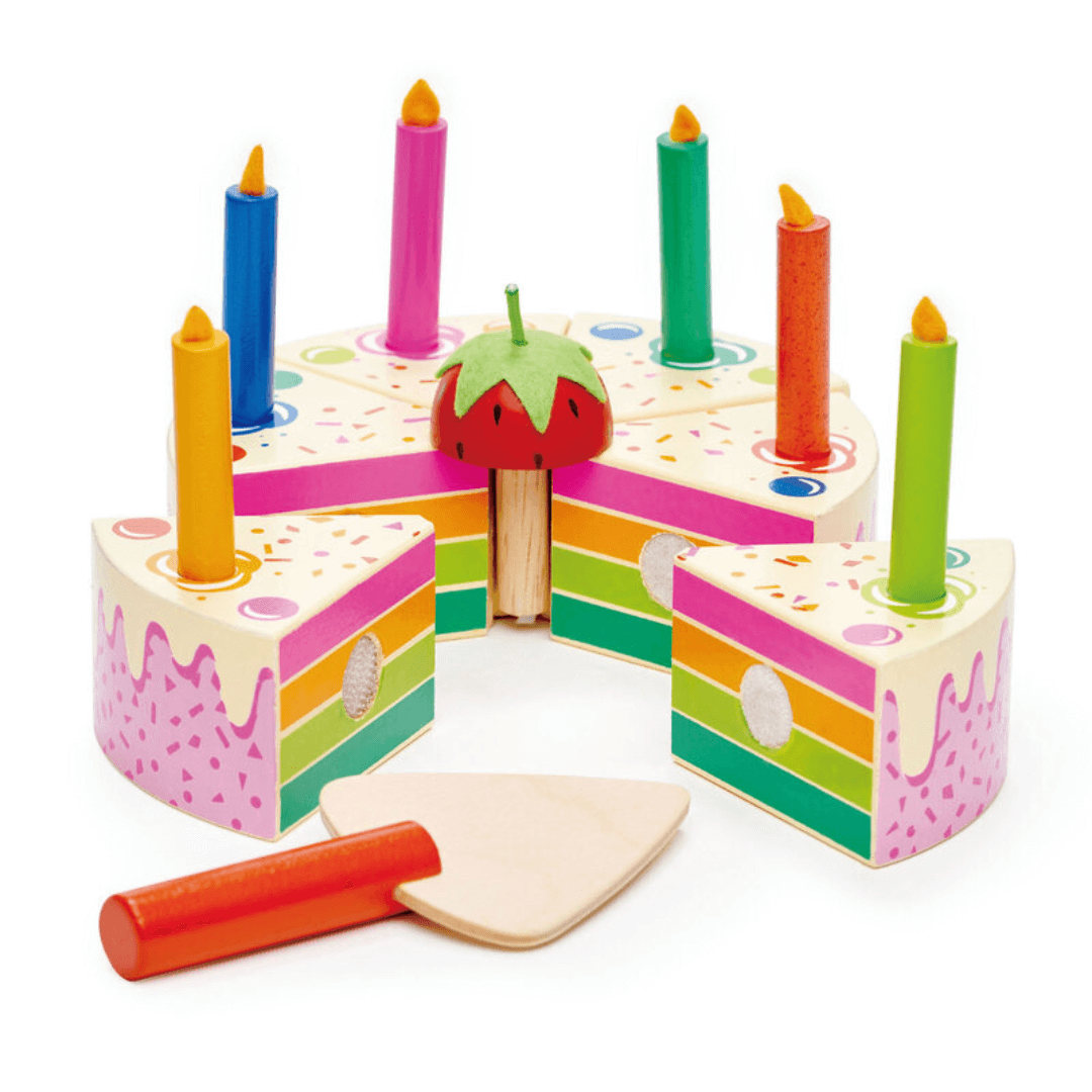 Tenderleaf rainbow birthday cake with candles, strawberry and cutable slices at toyworld lismore