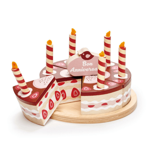 tenderleaf chocolate birthday cake with candles and strawberry details at toyworld lismore