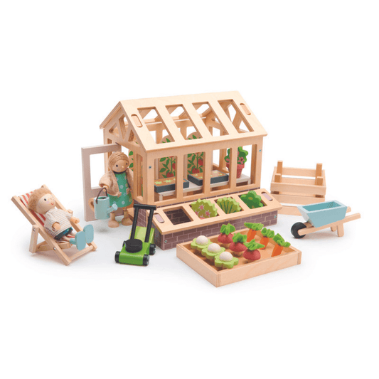 tender leaf garden and greenhouse set with wheel barrow and lawn mower toyworld lismore