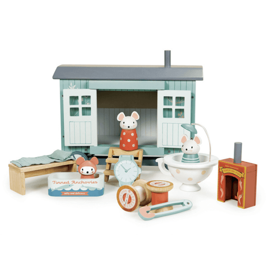 tender leaf wooden mice family with old school accessories in a little hut at toyworld lismore