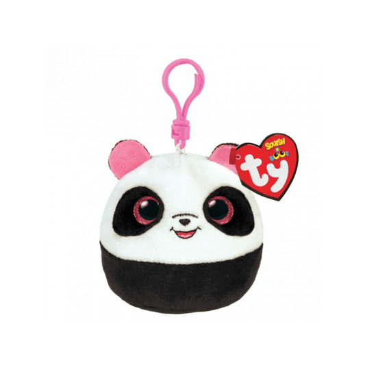 Bamboo black and white panda character with pink ears and eyes.