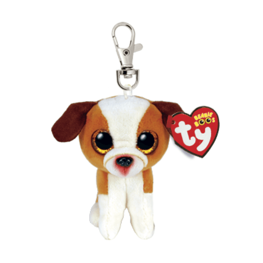 tan, brown and white TY beanie boo dog character on a metal clip