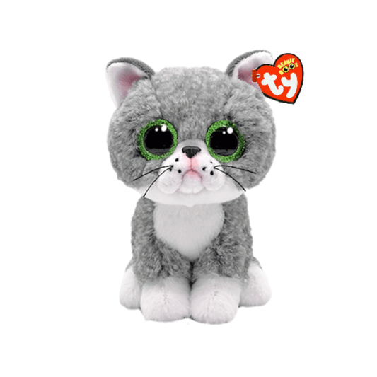 grey cat with sad looking facial expression and large eyes with a green sparkly trim