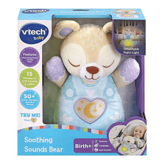 vtech soothing sounds bear soft toy bear with a detachable night light in packaging at Toyworld Lismore