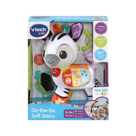 Vtech interactive soft toy zebra with sensory interactive bits in packaging at toyworld lismore
