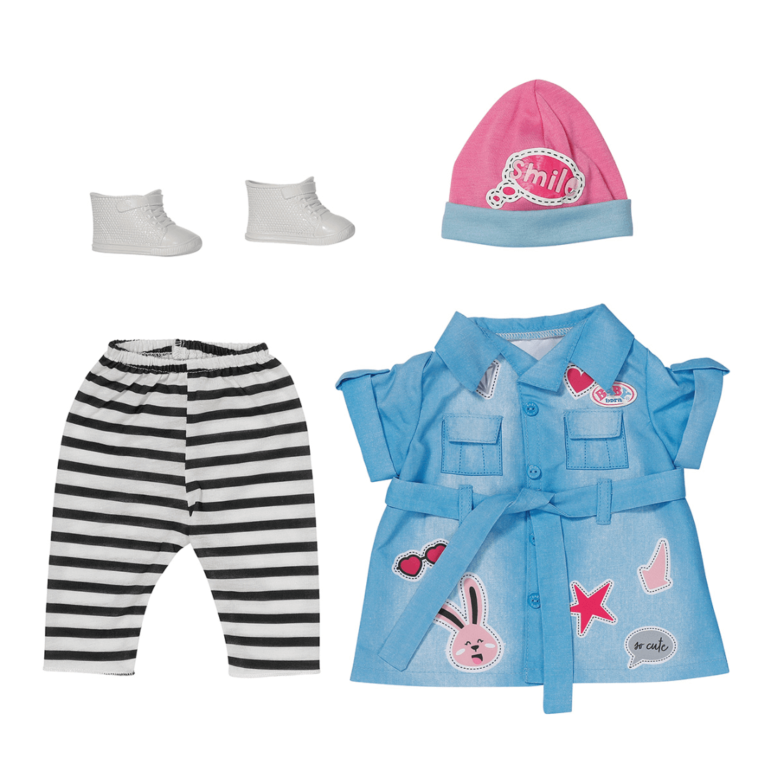 baby born outfit dress with stripey tights and pink hat with white boots
