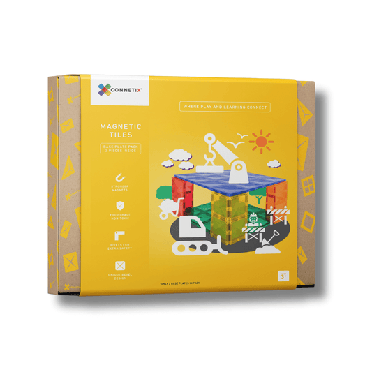 connetix base plate 2 pack set - green and blue base plate in yellow packaging