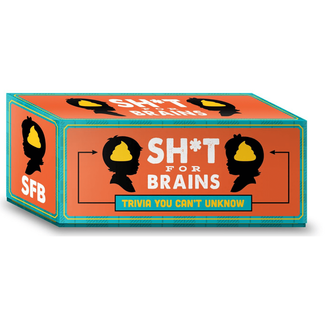 shit for brains card game packaging orange and aqua box with head image with a carton image of poo toyworld lismore