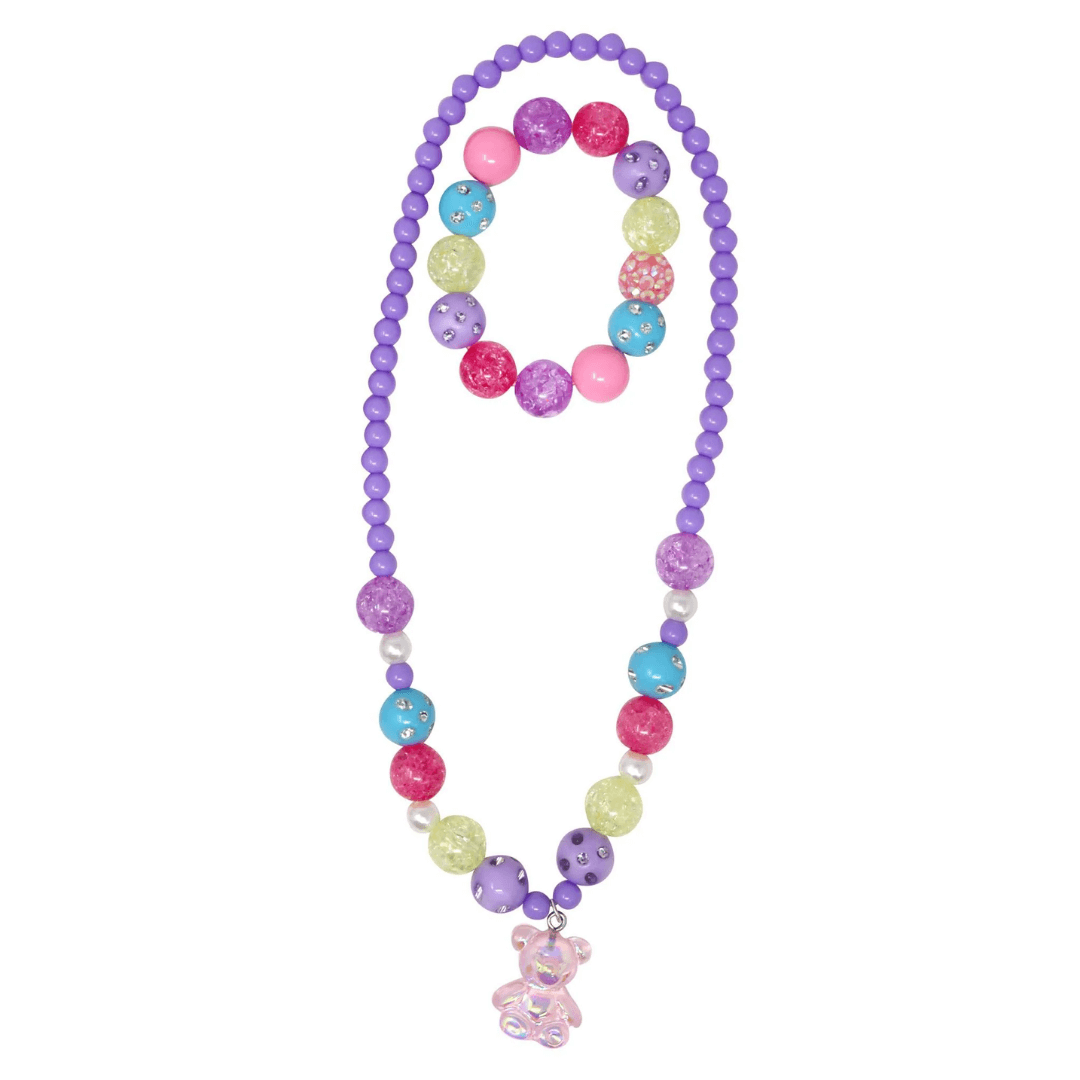 Pink Poppy Purple Beaded Necklace and Gummy Bear Pendant