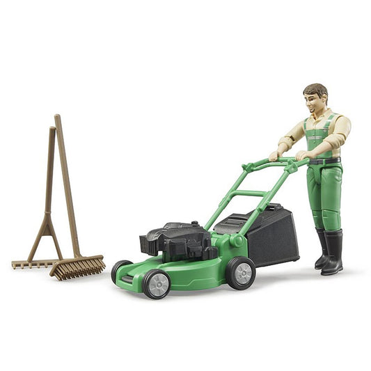 Lawn Mower and Gardener with Tools