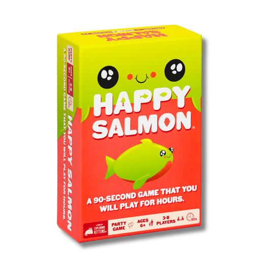 happy salmon game made by exploding kittens - red salmon coloured box with green fish like creature on it