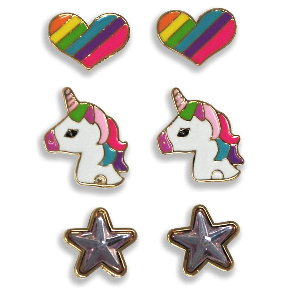 pink poppy earrings unicorns, hearts and stars