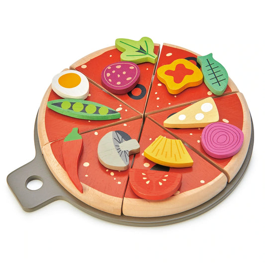Wooden Pizza with sections on a tray