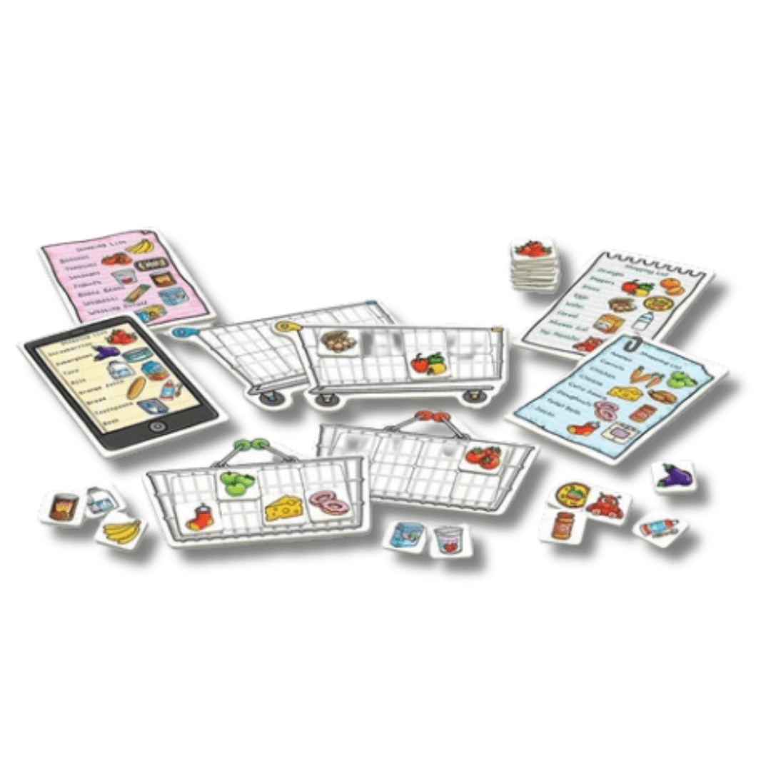 Shoppping List game contents - baskets, shopping trolleys, lists and food pieces